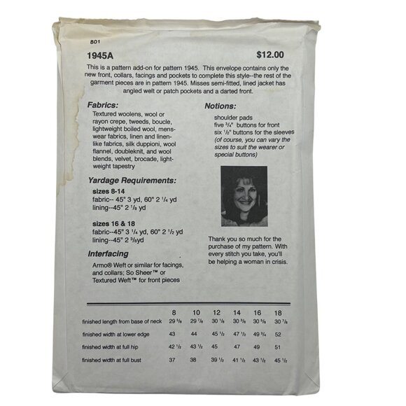 Misses Women's Jacket 3 variations The Fashion Sewing Group Pattern 1945A-C Nanc - Picture 2 of 2